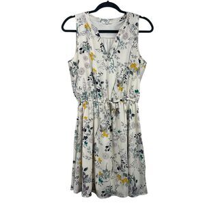 Maurices Cream Floral V Neck Cinched Waist Sleeveless Mini Dress Womens Small